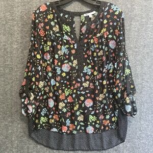 DR2 Daniel Rainn Top Women L Artsy Floral Polka Dot Boho Peasant Hi Low Roll Tab